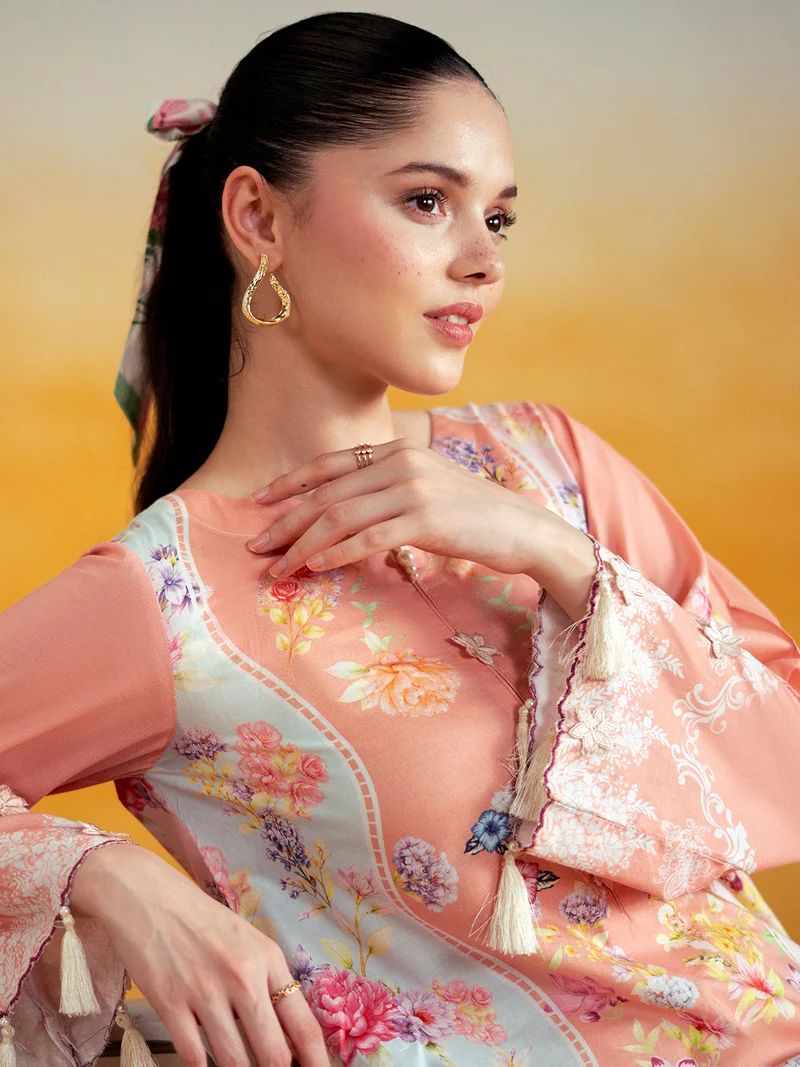 Aabpara 2pc Peach Floral Pure Lawn Suit with Box Pleat Shalwar – ROZ5