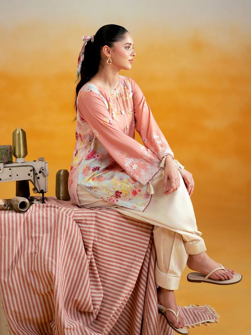 Aabpara 2pc Peach Floral Pure Lawn Suit with Box Pleat Shalwar – ROZ5