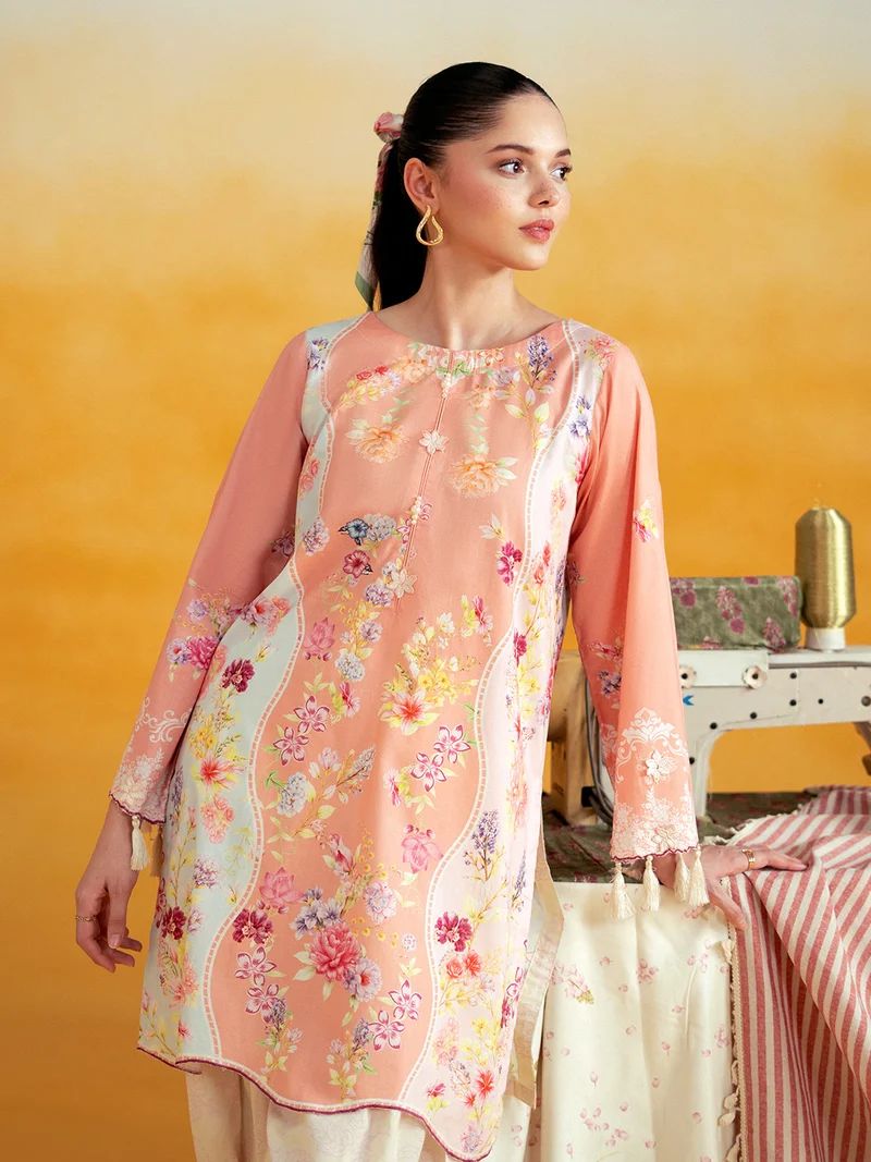 Aabpara 2pc Peach Floral Pure Lawn Suit with Box Pleat Shalwar – ROZ5