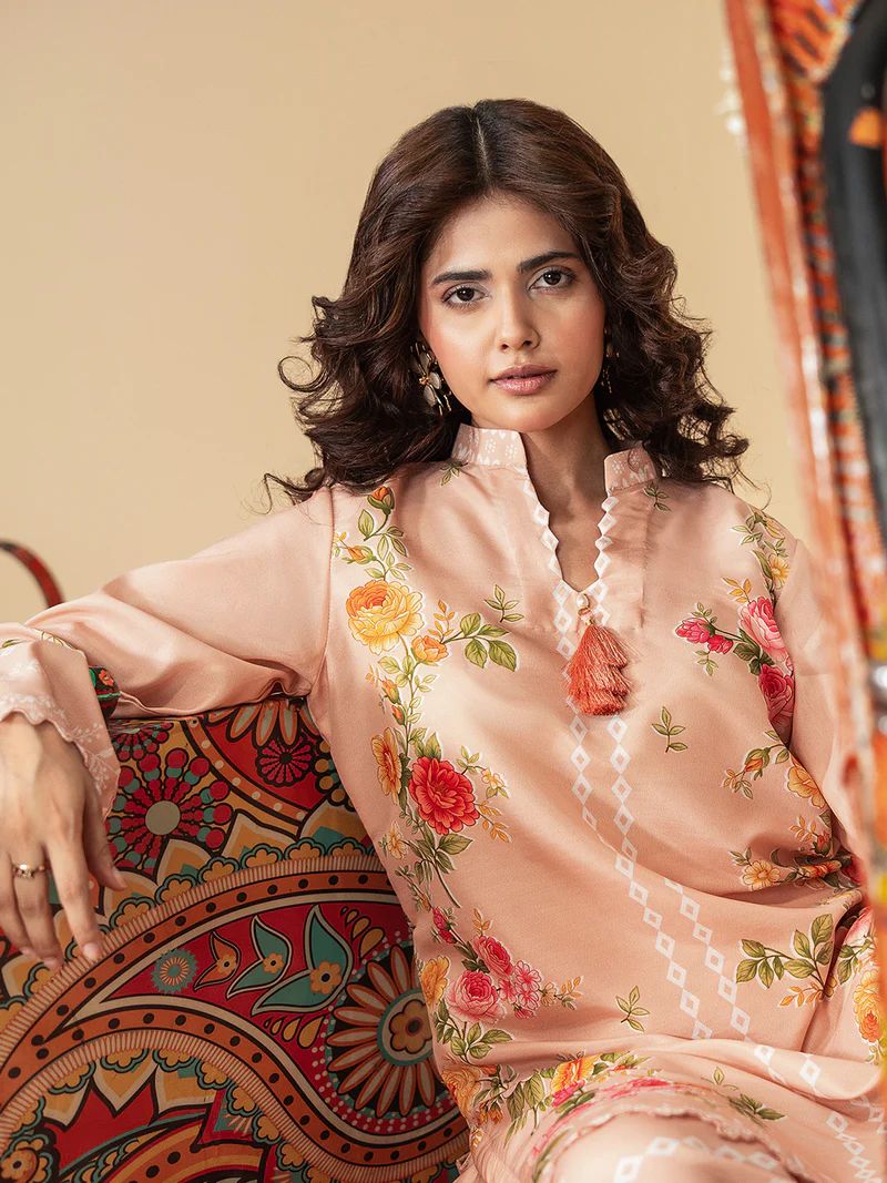 Mona Mausam MM1 Ready to Wear 2pc Printed Blended Lawn Suit – Peach Floral