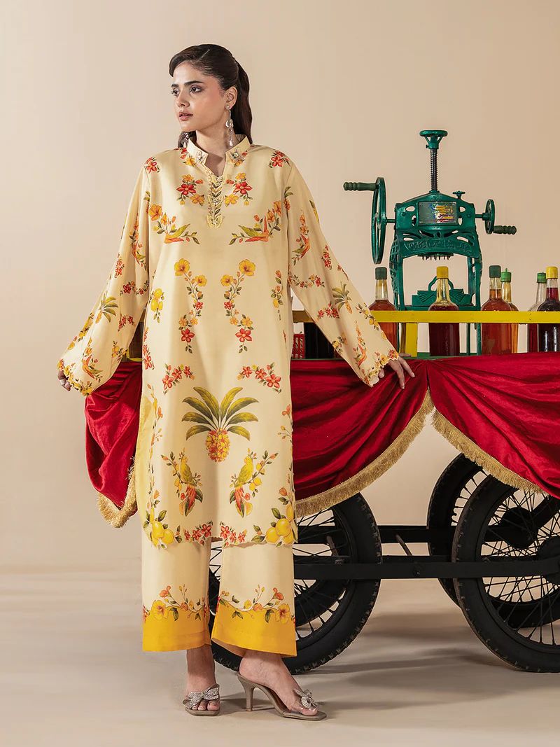 Mona Mausam MM4 Ready to Wear 2pc Printed Blended Lawn Suit – Butter Yellow Tropical