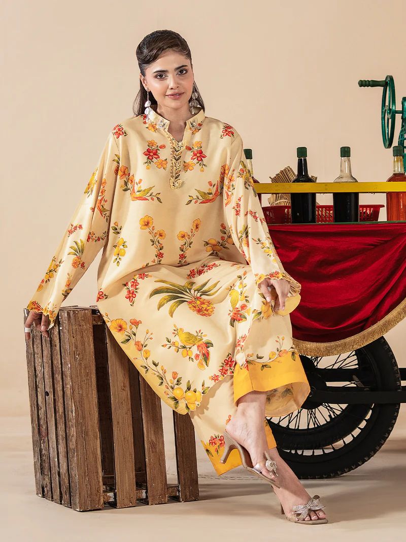 Mona Mausam MM4 Ready to Wear 2pc Printed Blended Lawn Suit – Butter Yellow Tropical