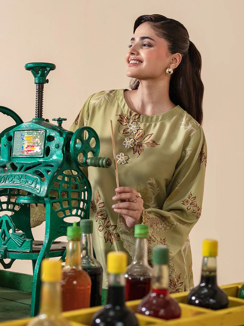 Mona Mausam MM7 Ready to Wear 2pc Printed Blended Lawn Suit – Olive Green Floral