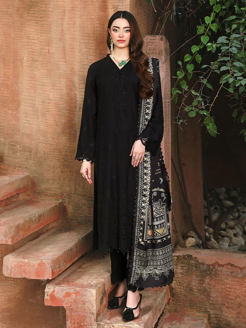 Resham by Mona – Black Chikankari Dhanak 3pc Winter Suit WMA1