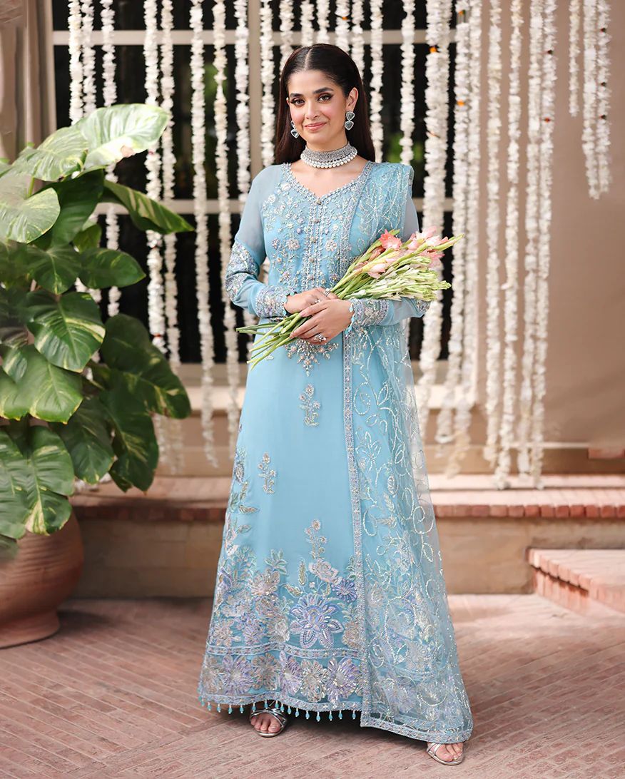 Wafa 3pc Embroidered Chiffon Maxi with Net Dupatta & Lehenga – Ready to Wear