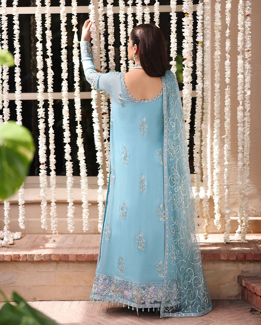 Wafa 3pc Embroidered Chiffon Maxi with Net Dupatta & Lehenga – Ready to Wear