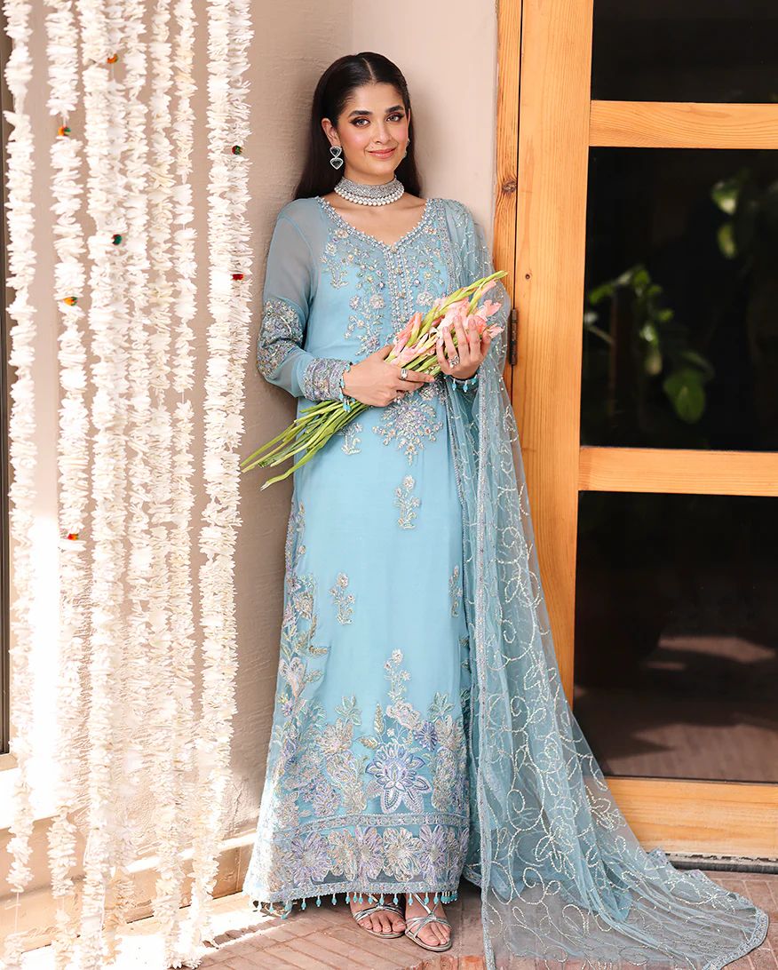 Wafa 3pc Embroidered Chiffon Maxi with Net Dupatta & Lehenga – Ready to Wear