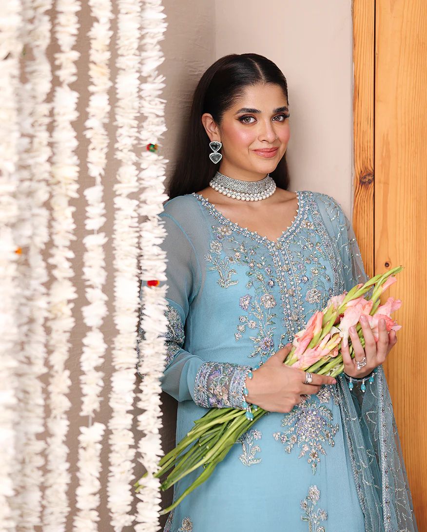Wafa 3pc Embroidered Chiffon Maxi with Net Dupatta & Lehenga – Ready to Wear