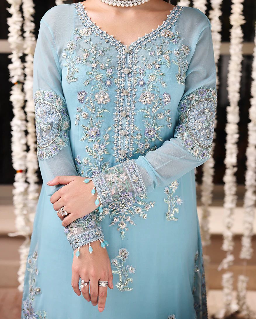 Wafa 3pc Embroidered Chiffon Maxi with Net Dupatta & Lehenga – Ready to Wear