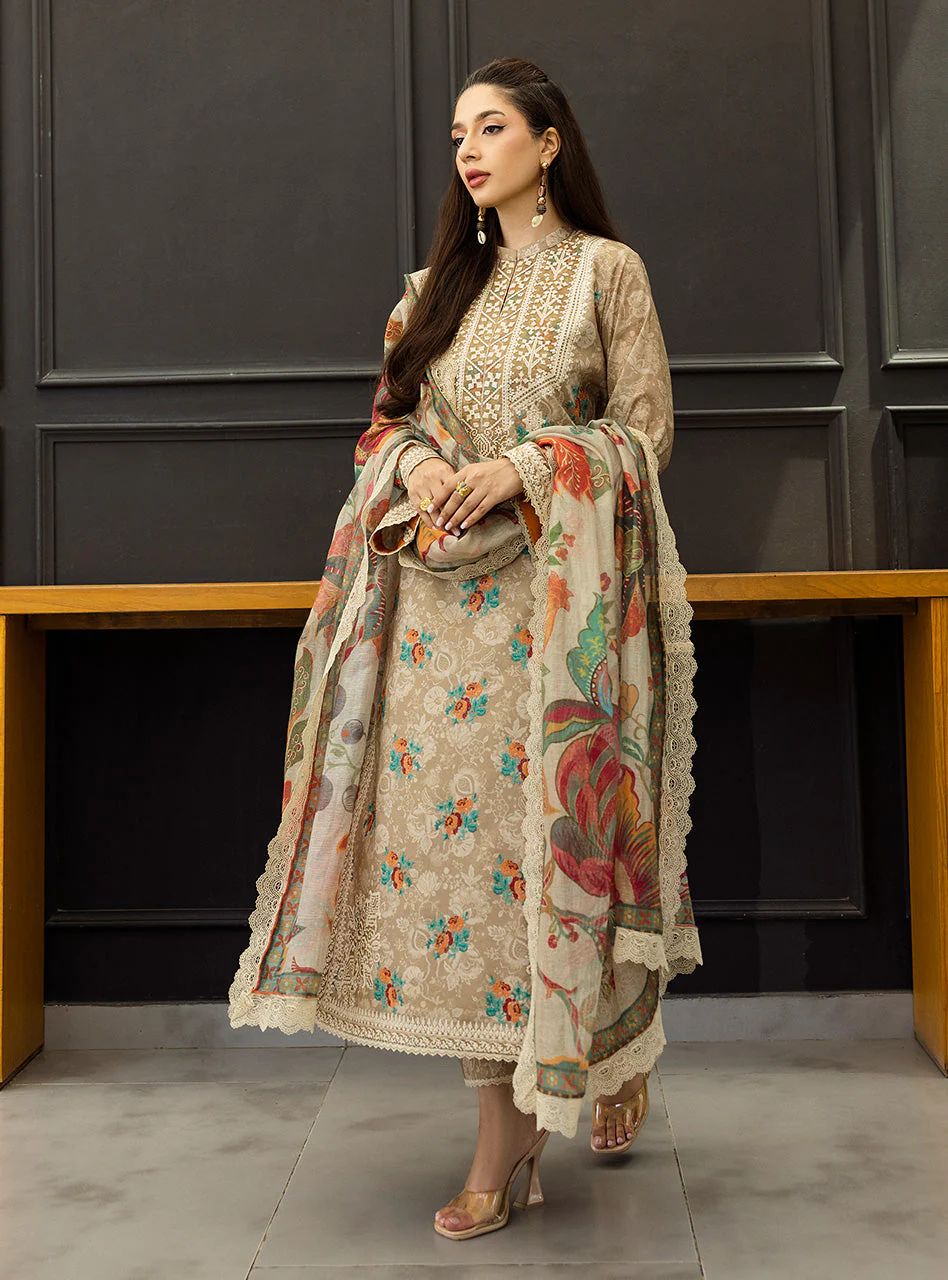 Aymah – Stitched Light Brown Embroidered Lawn 3pc Suit by Zainab Chottani – ZCTL3