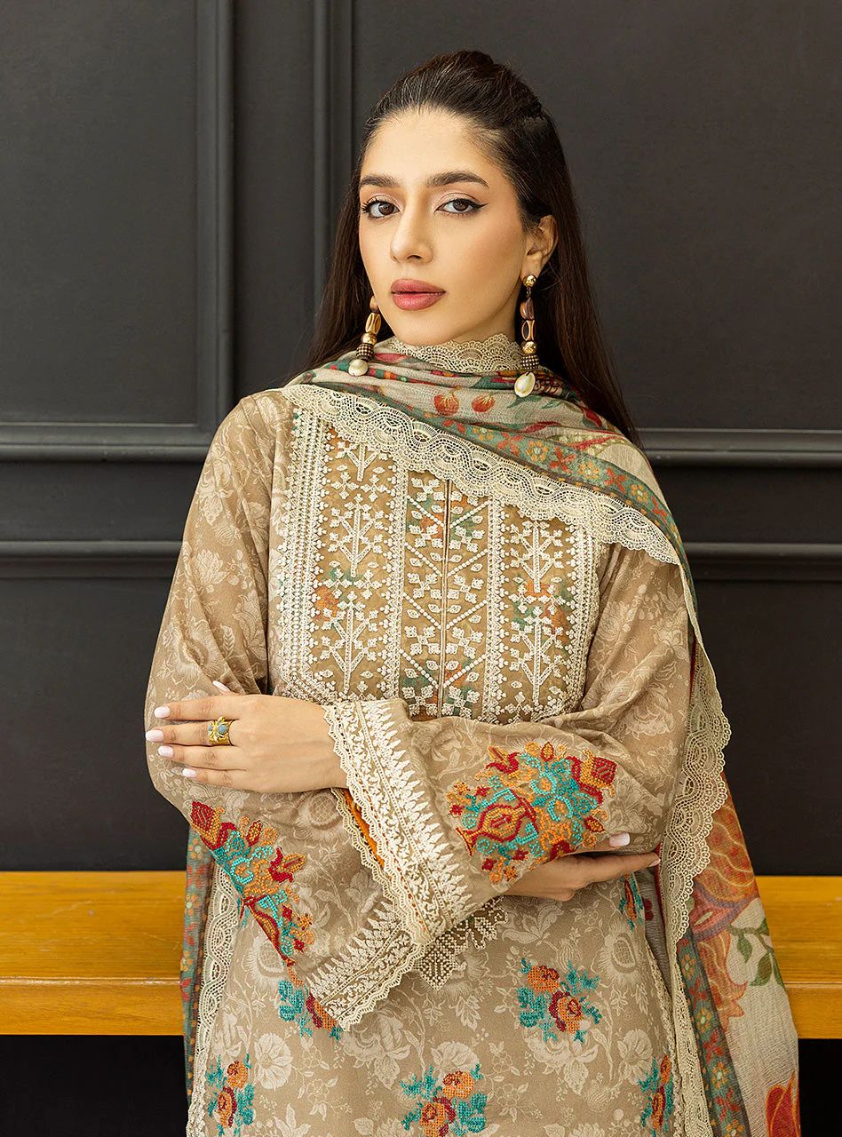 Aymah – Stitched Light Brown Embroidered Lawn 3pc Suit by Zainab Chottani – ZCTL3
