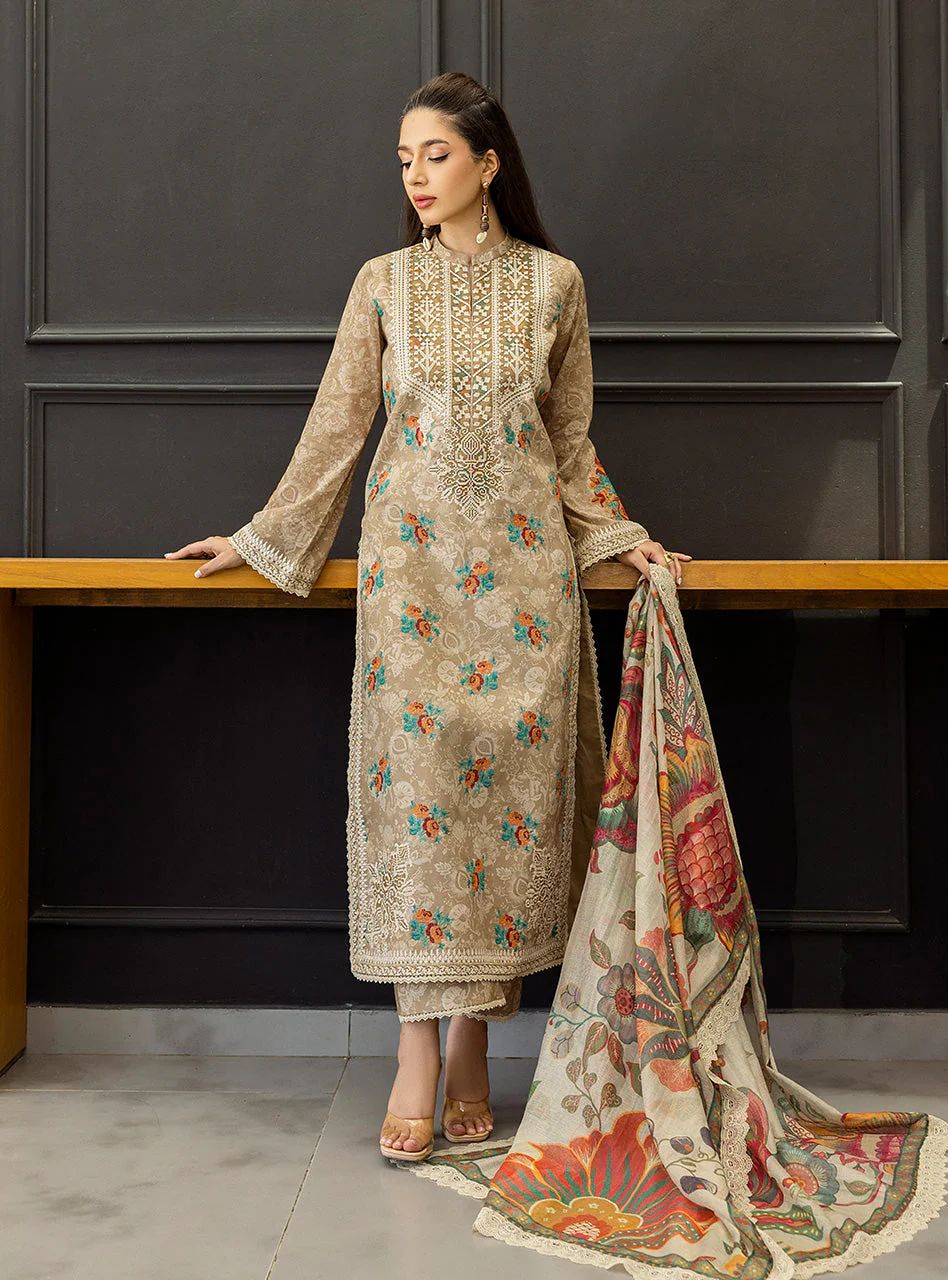 Aymah – Stitched Light Brown Embroidered Lawn 3pc Suit by Zainab Chottani – ZCTL3