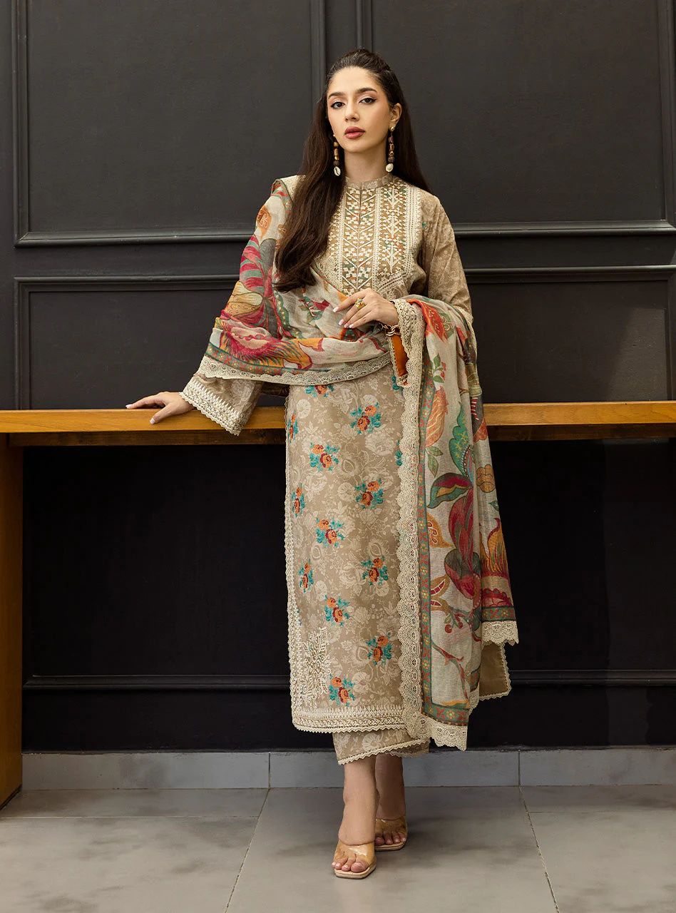 Aymah – Stitched Light Brown Embroidered Lawn 3pc Suit by Zainab Chottani – ZCTL3