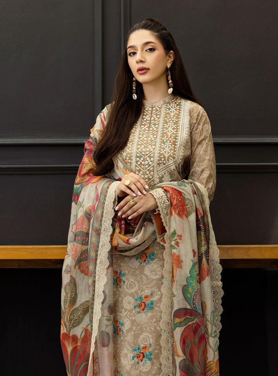 Aymah – Stitched Light Brown Embroidered Lawn 3pc Suit by Zainab Chottani – ZCTL3