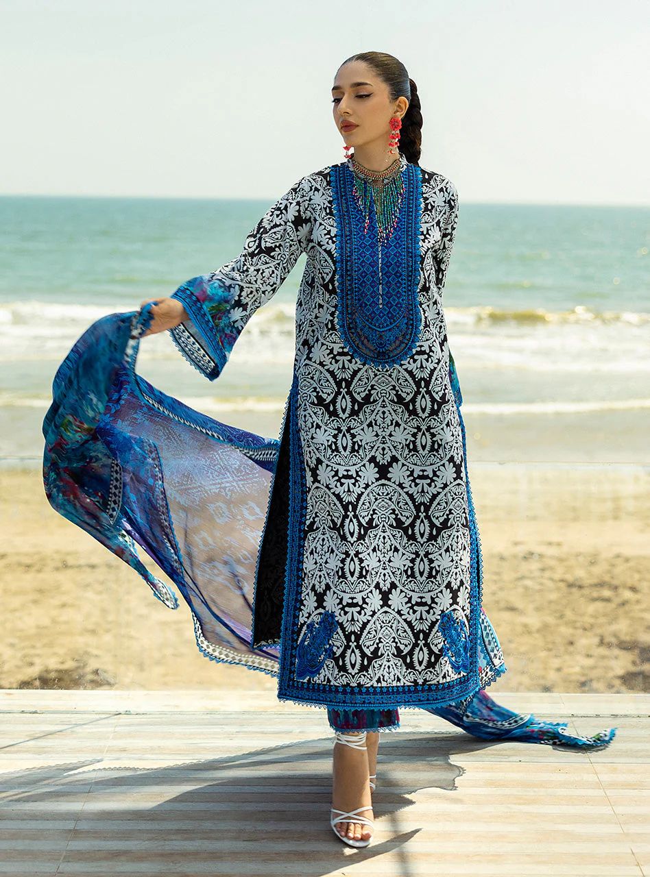 Bella – Stitched Black & White Printed Lawn Suit with Blue Embroidery by Zainab Chottani – ZCTL7