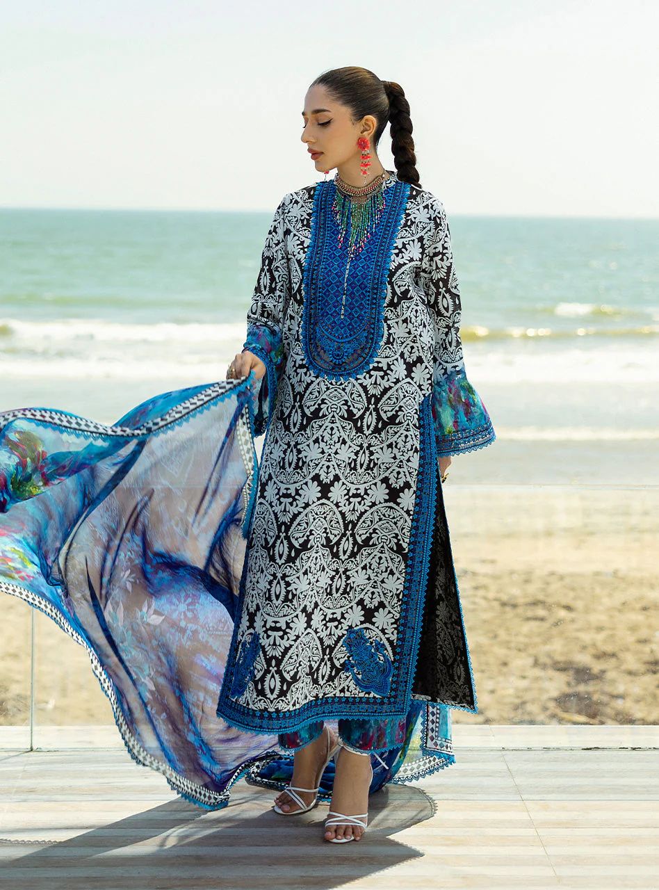 Bella – Stitched Black & White Printed Lawn Suit with Blue Embroidery by Zainab Chottani – ZCTL7