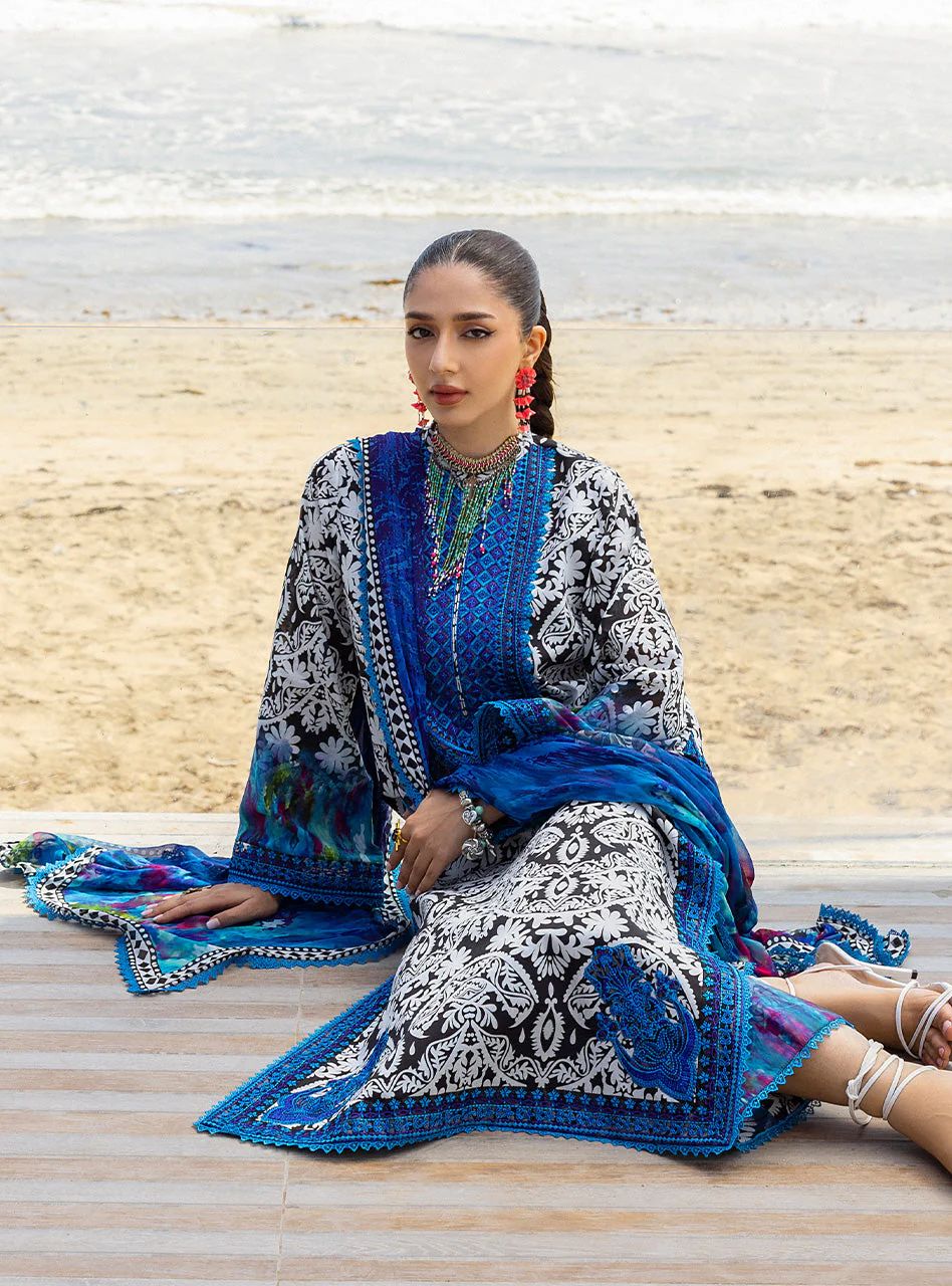 Bella – Stitched Black & White Printed Lawn Suit with Blue Embroidery by Zainab Chottani – ZCTL7