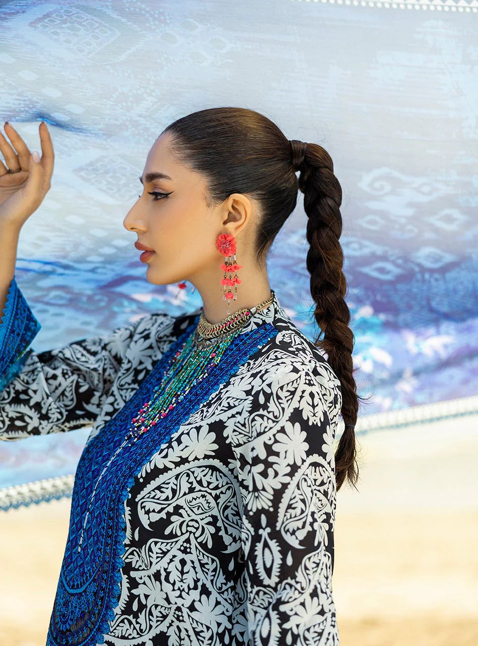 Bella – Stitched Black & White Printed Lawn Suit with Blue Embroidery by Zainab Chottani – ZCTL7