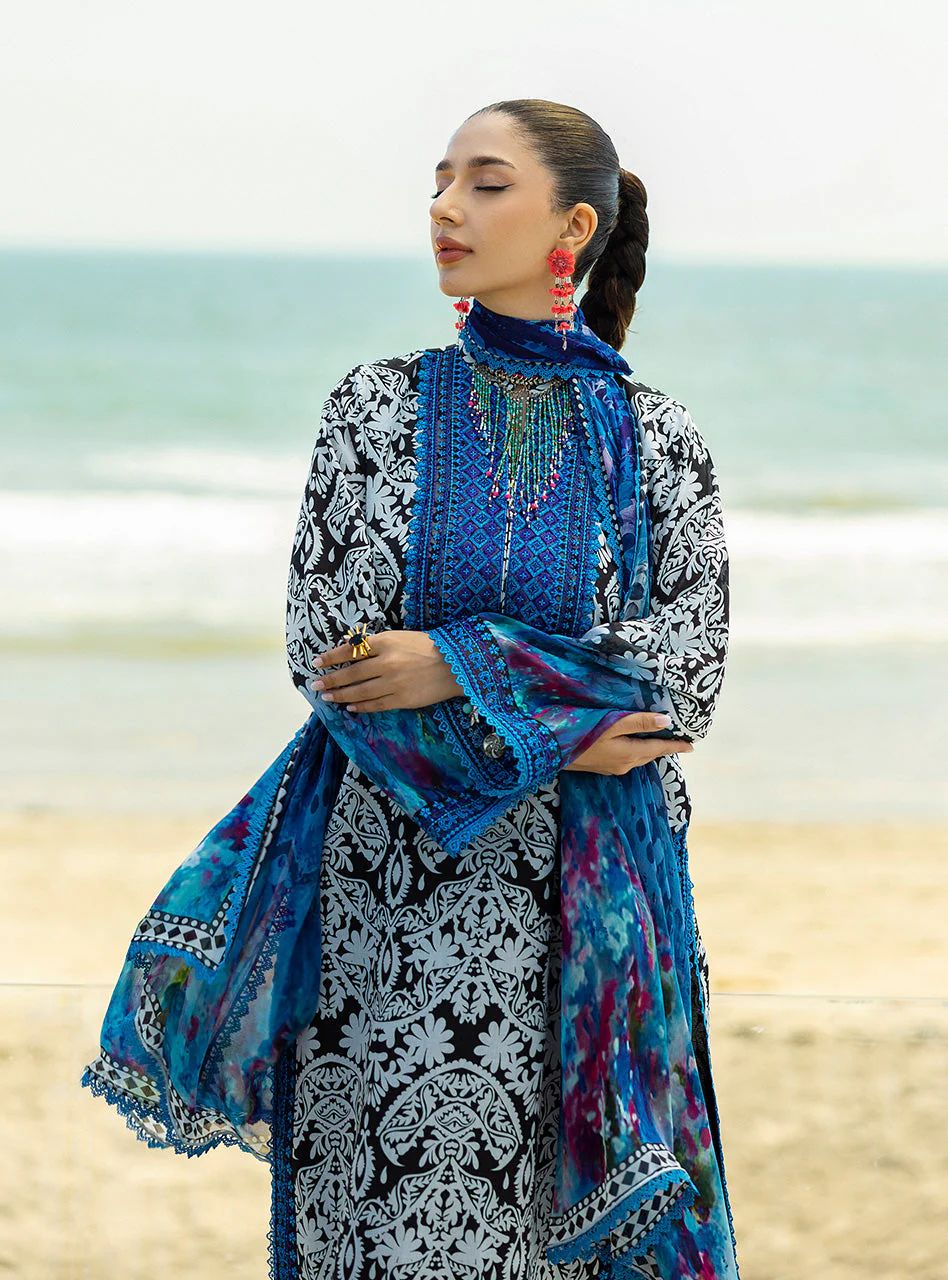 Bella – Stitched Black & White Printed Lawn Suit with Blue Embroidery by Zainab Chottani – ZCTL7