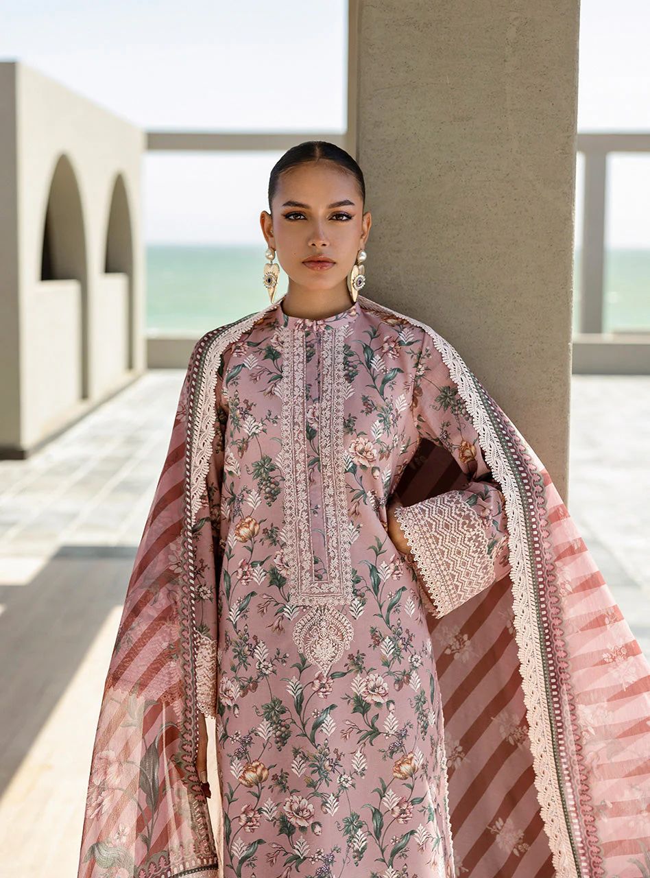 Maraya – Stitched Tea Pink Floral Embroidered Lawn 3pc Suit by Zainab Chottani – ZCTL9