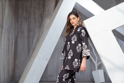 NK Everyday Lawn Co-ords – Black & White Floral Block Print Set NKE10