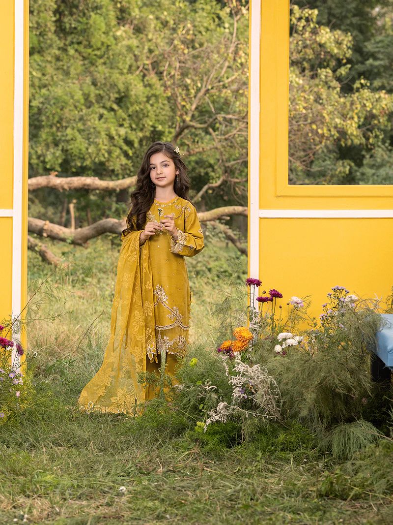 Hania’s Eid Twinning Charm by Mona – Mustard Chikankari Jacquard HEC8