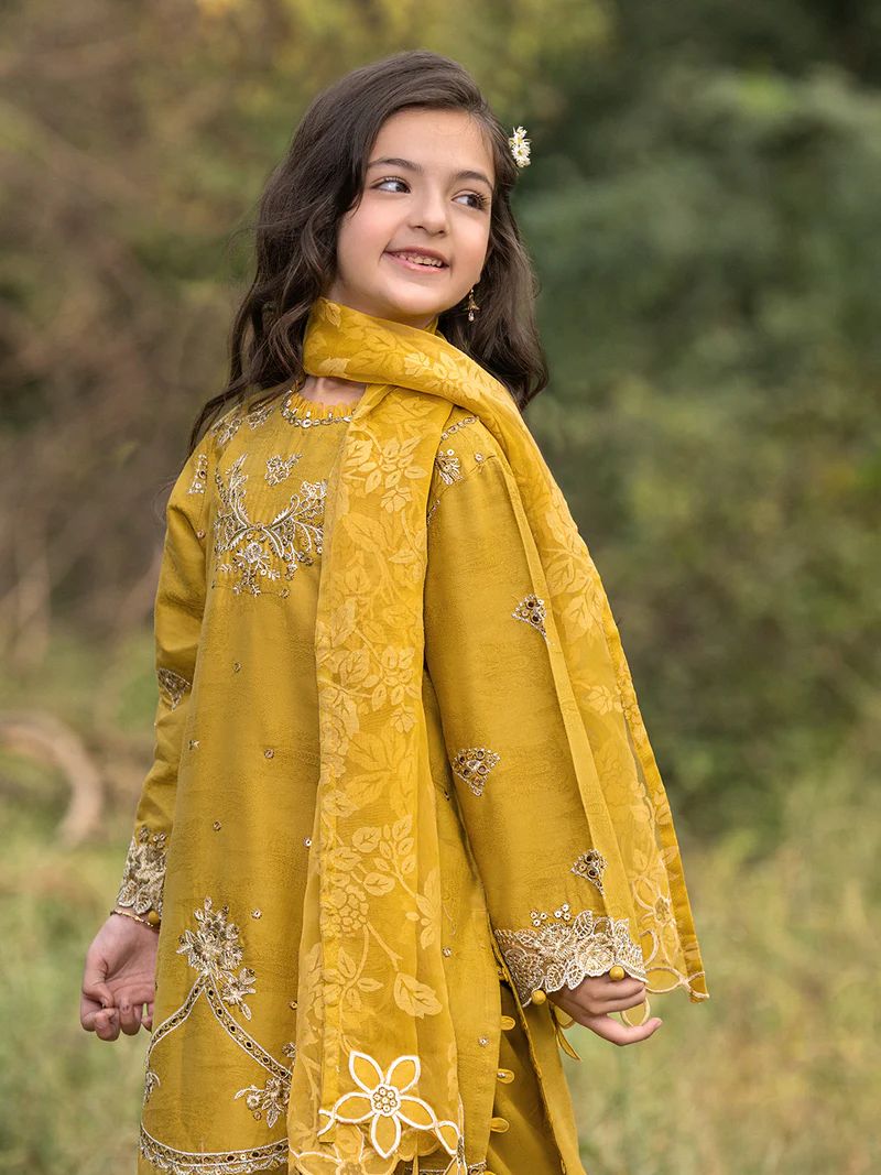 Hania’s Eid Twinning Charm by Mona – Mustard Chikankari Jacquard HEC8