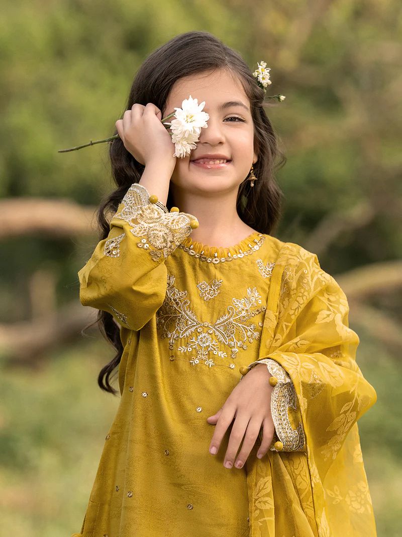 Hania’s Eid Twinning Charm by Mona – Mustard Chikankari Jacquard HEC8