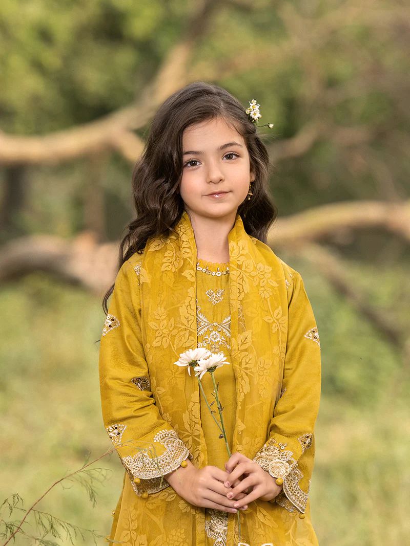 Hania’s Eid Twinning Charm by Mona – Mustard Chikankari Jacquard HEC8