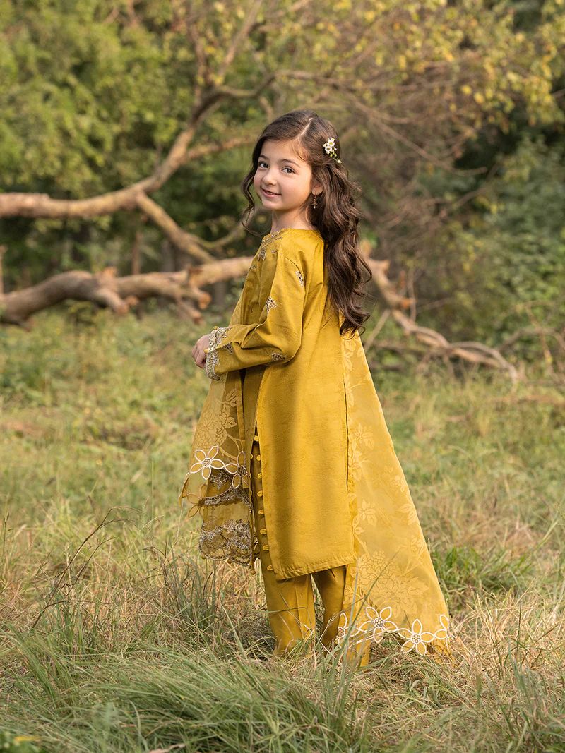 Hania’s Eid Twinning Charm by Mona – Mustard Chikankari Jacquard HEC8