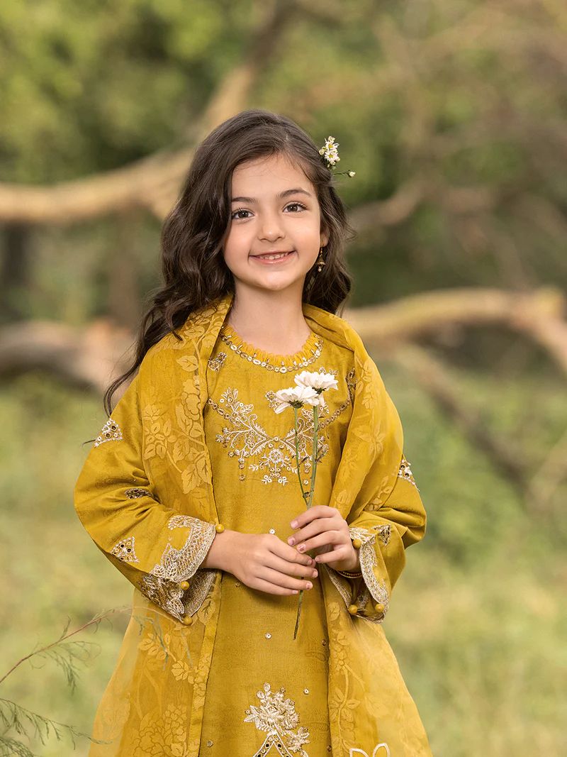 Hania’s Eid Twinning Charm by Mona – Mustard Chikankari Jacquard HEC8