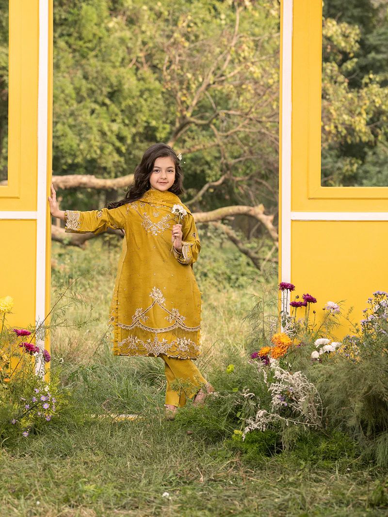 Hania’s Eid Twinning Charm by Mona – Mustard Chikankari Jacquard HEC8