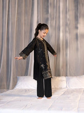 Hania’s Eid Twinning Charm by Mona – Black Chikankari Jacquard Sharara Suit HEC9