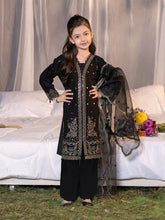 Hania’s Eid Twinning Charm by Mona – Black Chikankari Jacquard Sharara Suit HEC9