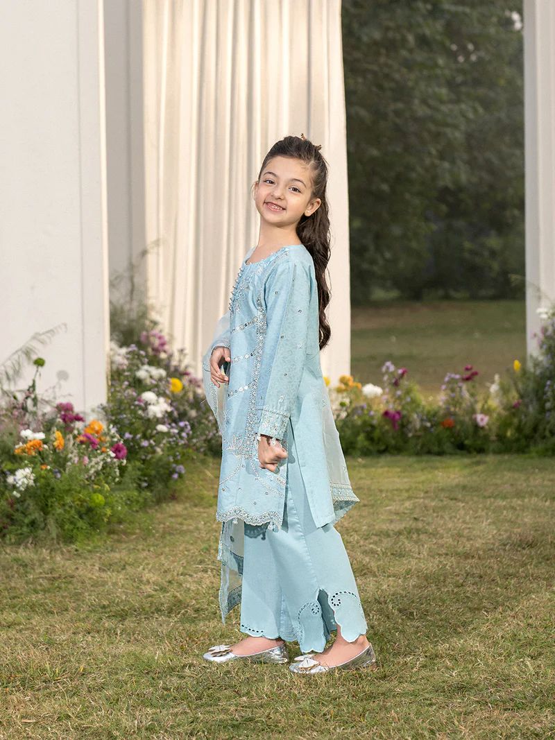 Hania’s Eid Twinning Charm by Mona – Ice Blue Chikankari Jacquard HEC11