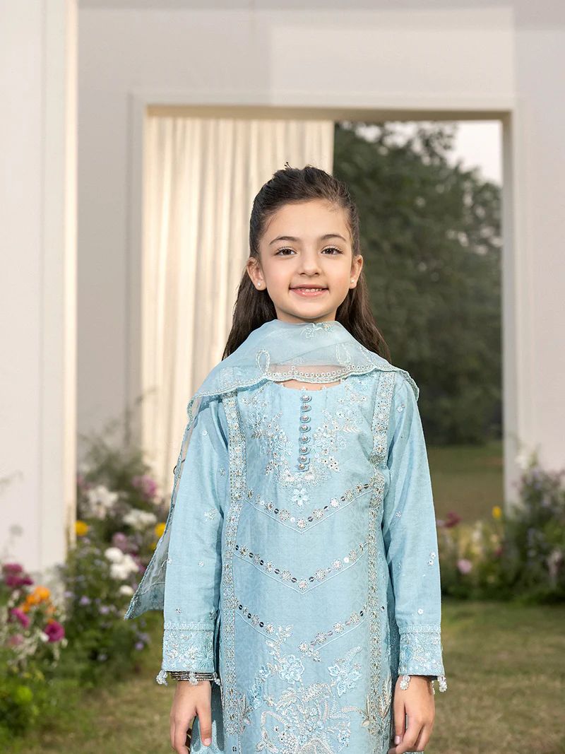 Hania’s Eid Twinning Charm by Mona – Ice Blue Chikankari Jacquard HEC11
