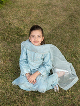 Hania’s Eid Twinning Charm by Mona – Ice Blue Chikankari Jacquard HEC11