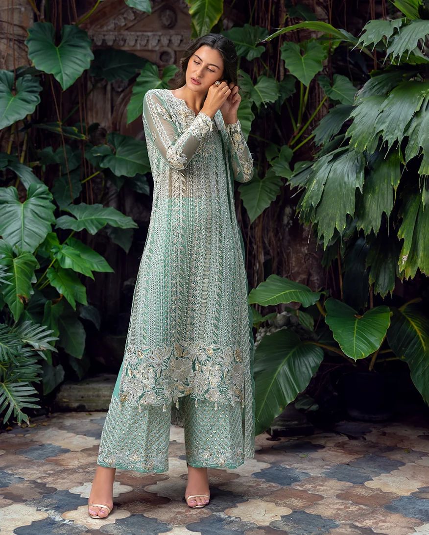 Mushq Ayla 4pc Hand-Embellished Mint Net Formal Suit