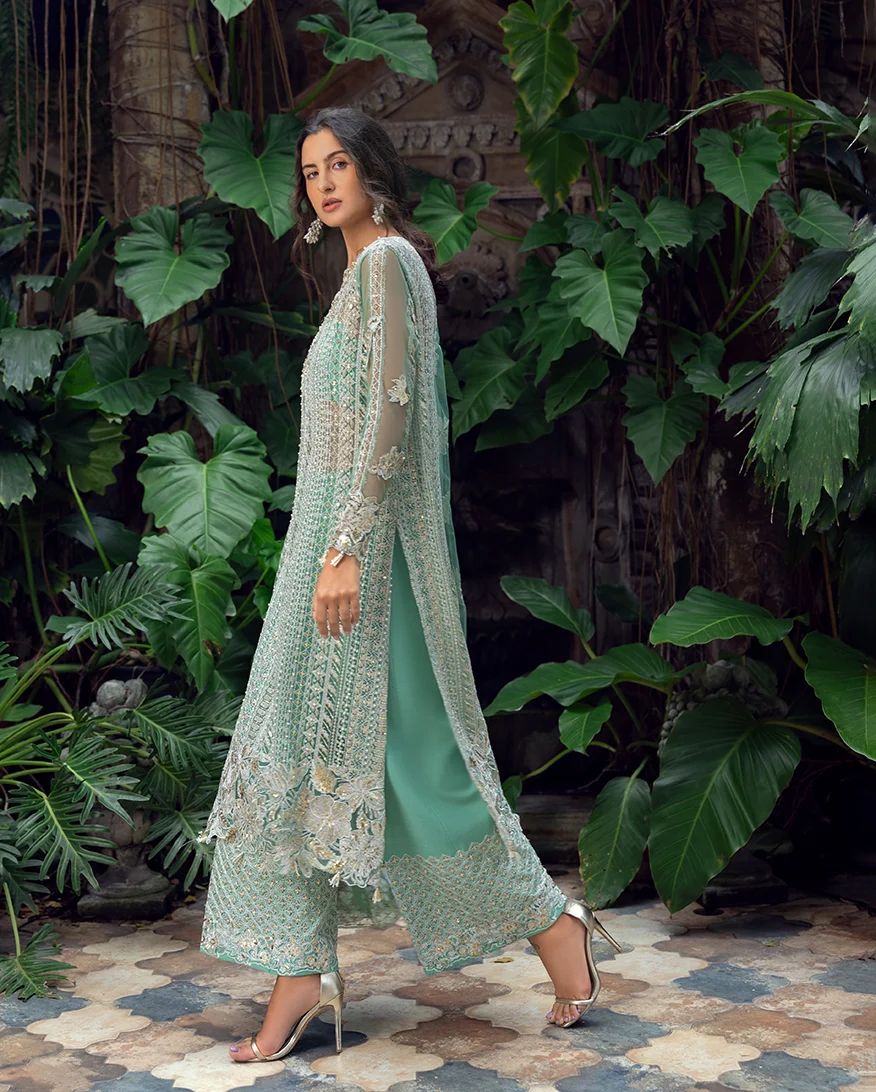 Mushq Ayla 4pc Hand-Embellished Mint Net Formal Suit