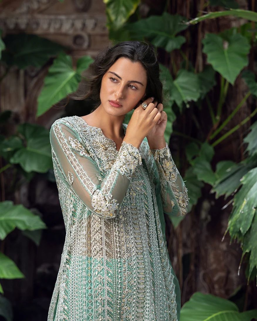 Mushq Ayla 4pc Hand-Embellished Mint Net Formal Suit