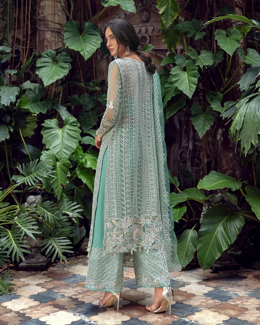 Mushq Ayla 4pc Hand-Embellished Mint Net Formal Suit