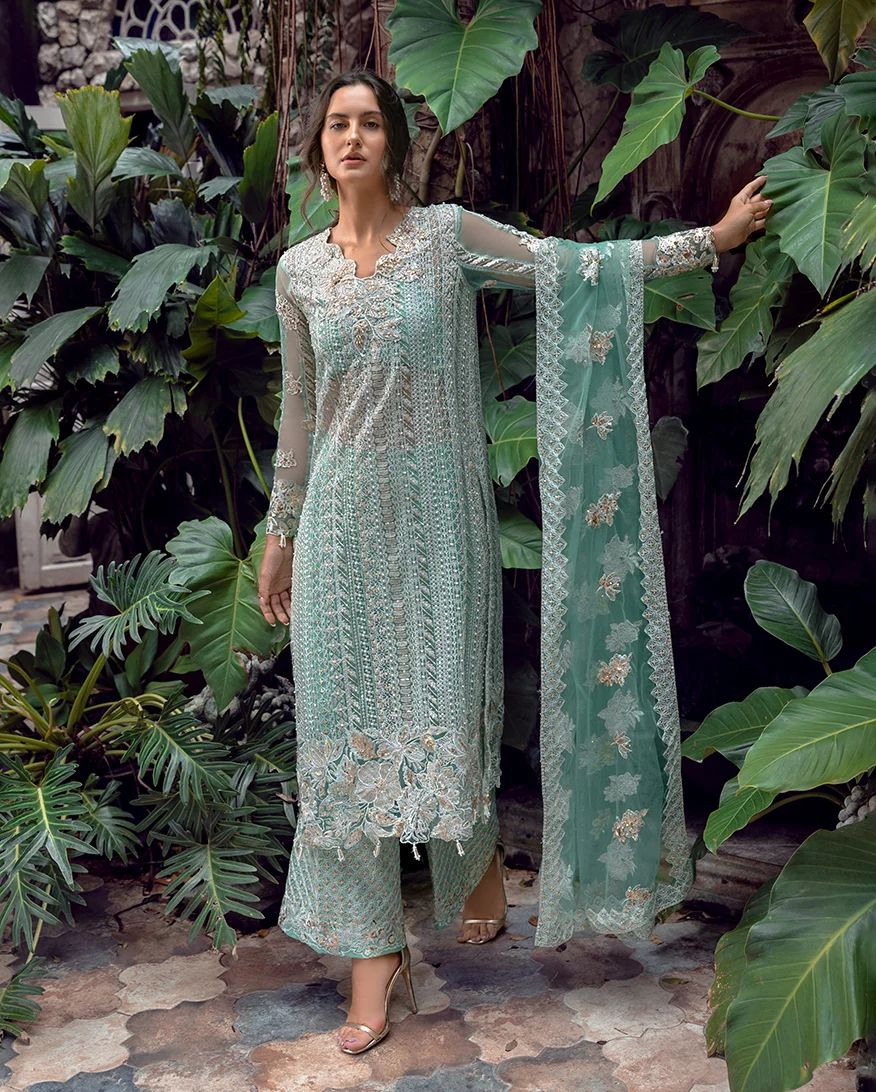 Mushq Ayla 4pc Hand-Embellished Mint Net Formal Suit