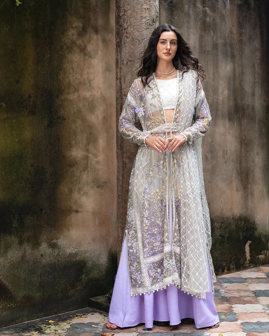 Mushq Elara 4pc Hand-Embellished Lilac Net Formal Suit