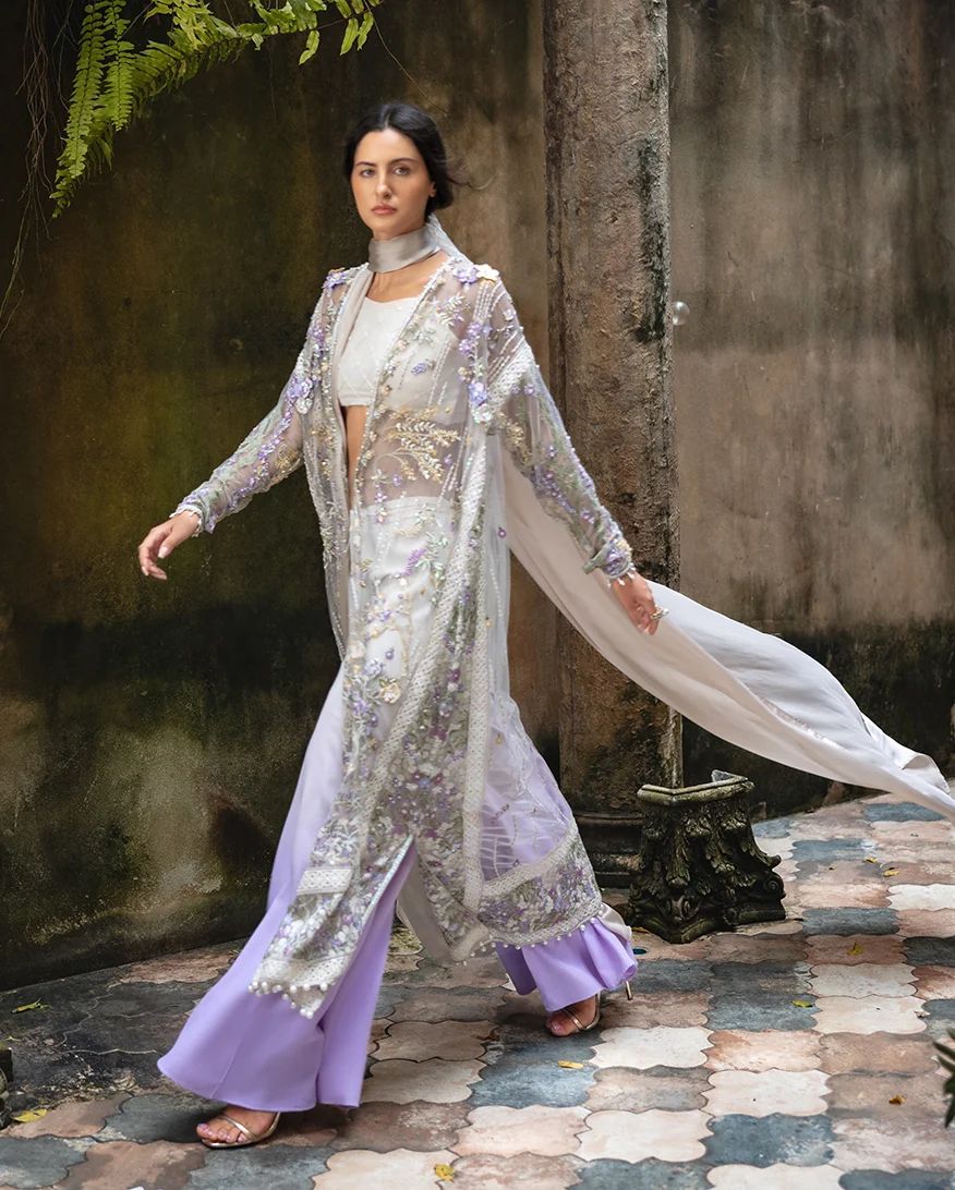 Mushq Elara 4pc Hand-Embellished Lilac Net Formal Suit