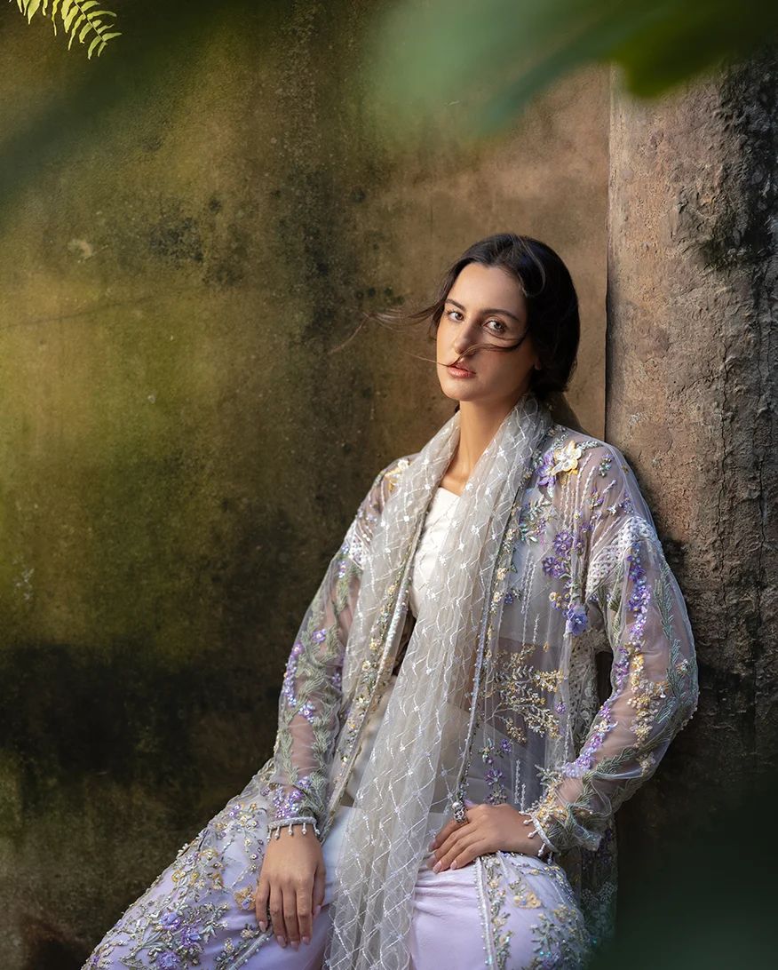 Mushq Elara 4pc Hand-Embellished Lilac Net Formal Suit