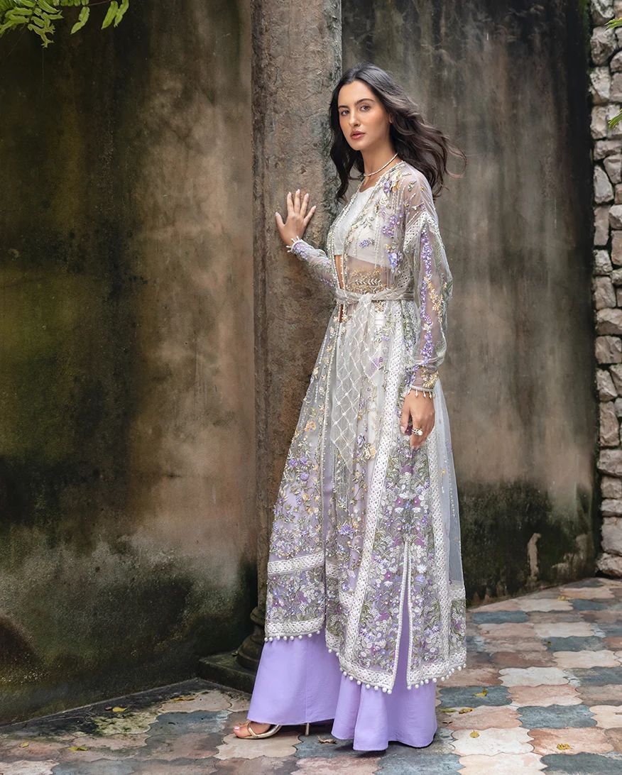 Mushq Elara 4pc Hand-Embellished Lilac Net Formal Suit