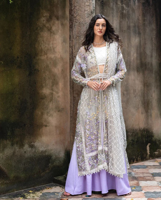 Mushq Elara 4pc Hand-Embellished Lilac Net Formal Suit
