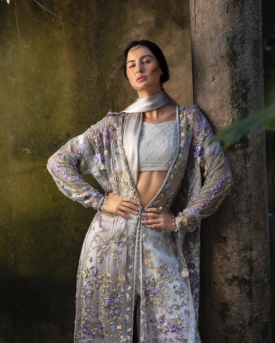 Mushq Elara 4pc Hand-Embellished Lilac Net Formal Suit