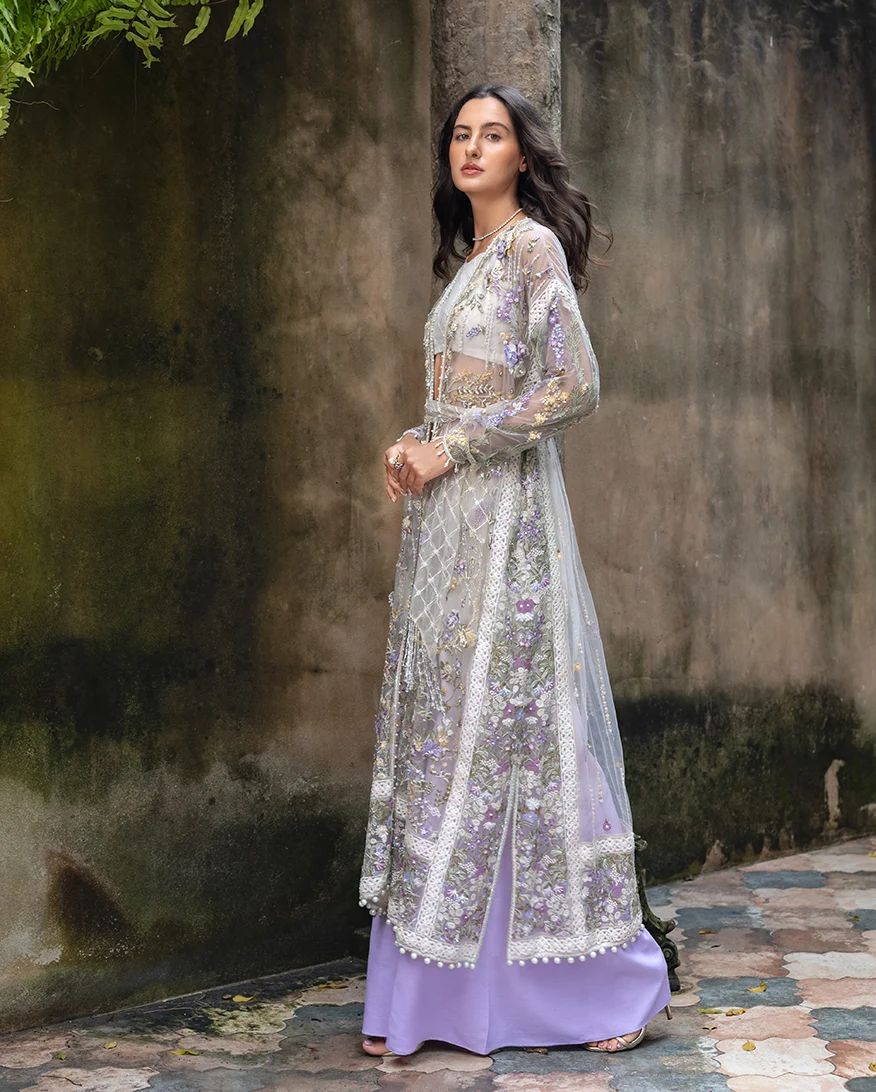 Mushq Elara 4pc Hand-Embellished Lilac Net Formal Suit