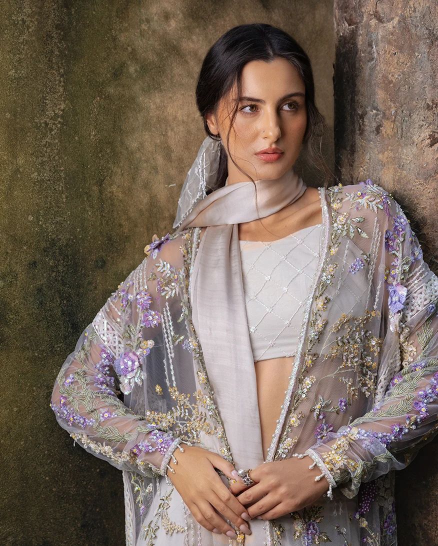 Mushq Elara 4pc Hand-Embellished Lilac Net Formal Suit